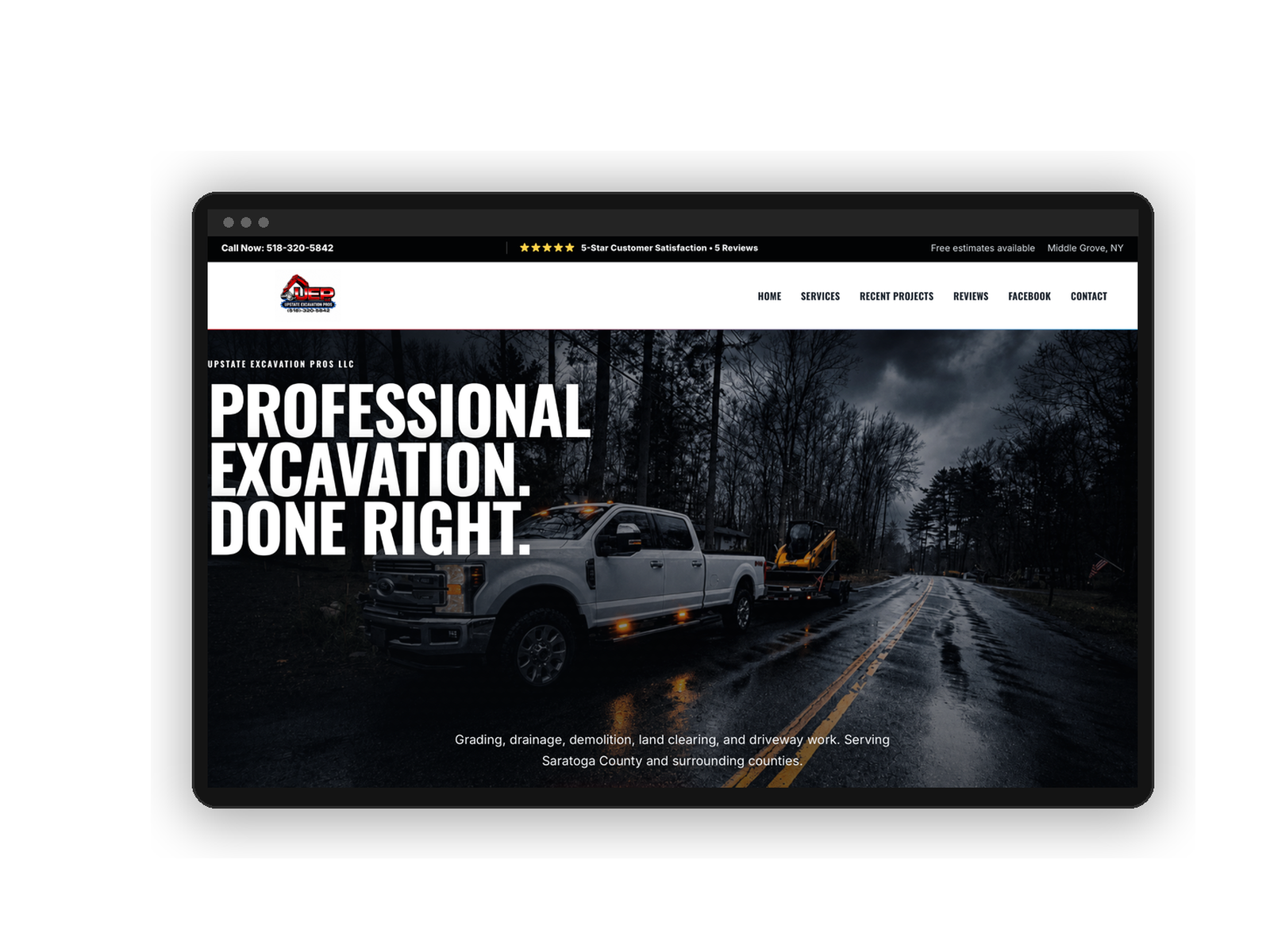 Upstate Excavation Pros website displayed in a laptop mockup